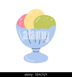Drei bunte Eiskugeln in einer blauen Glasschale Illustration Vektor Stock Vektor