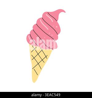 Rosa weiches Serviereis in einem Waffelkegel handgezeichnet Illustration Vektor Stock Vektor