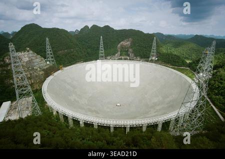 Luftaufnahme des chinesischen SCHNELLTELESKOPS - das 500-Meter-Sky Eye-Funkteleskop in Guizhou's Karstgebirge Stockfoto