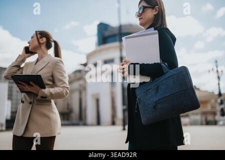Zwei professionelle Geschäftsfrauen stehen in der Stadt und halten während des Arbeitstages Dokumente und einen Aktenkoffer Stockfoto