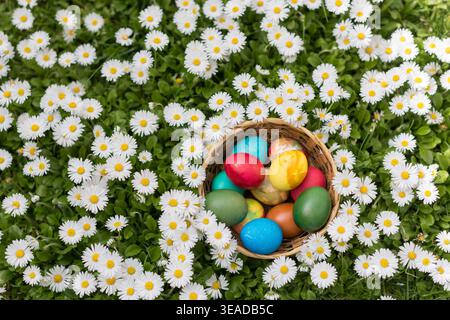 Ein rustikaler Korb, gefüllt mit bunten Ostereiern – rot, blau, grün, gelb und gemustert – auf einer blühenden Wiese, umgeben von weiß Stockfoto