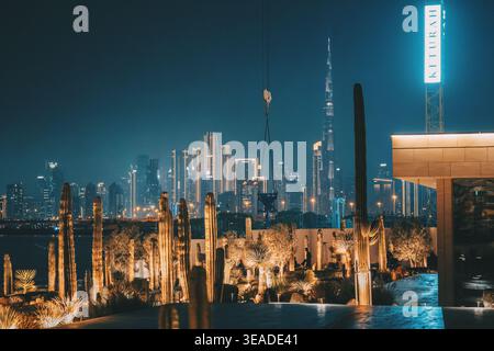 12. Januar 2026, Dubai, VAE: Stadtbild mit Burj Khalifa und modernen Gebäuden bei Nacht, von einem beleuchteten Kerulah-Kaktusgarten aus gesehen Stockfoto