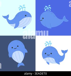 Niedliche Kawaii-Blauwal-Zeichentrickfigur auf mehrfarbigen Hintergründen Stock Vektor