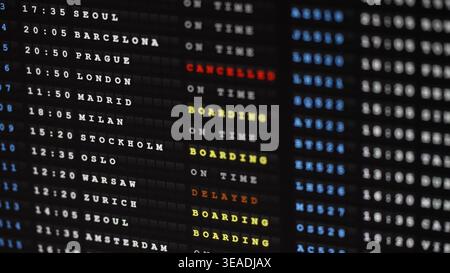 Abflugtafel mit internationalem Flugplan. Stockfoto