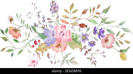 Aquarellblumenstrauß mit rosa, lila Blüten, Hagebutten und gelben Blättern. Botanisches Herbstgrün für Hochzeit, Grußkarte. Vektor-EPS. Stock Vektor