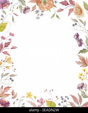 Aquarell Herbstblumenrahmen mit trockenen Blättern, Beeren, Wildblumen. Botanische Herbstgrenze für Hochzeitseinladungen, Grußkarten. Vektor-EPS. Stock Vektor