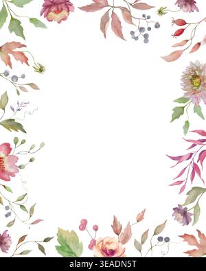 Aquarell Herbstblumenrahmen mit trockenen Blättern, Beeren, Wildblumen. Botanische Herbstgrenze für Hochzeitseinladungen, Grußkarten. Vektor-EPS. Stock Vektor