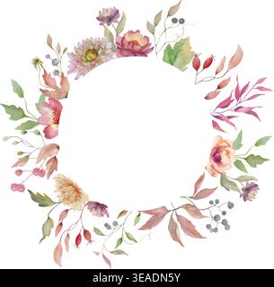 Herbstlicher runder Rahmen mit trockenen Blättern, Beeren, Wildblumen. Botanische Herbstgrenze für Hochzeitseinladungen, Grußkarten. Vektor-EPS Stock Vektor
