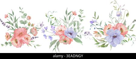 Aquarellblumen mit rosafarbenen Pfingstrosen, blauen Anemonen und Eukalyptusblättern. Handgemalte botanische Arrangements auf weißem Hintergrund. Vektor-EPS. Stock Vektor