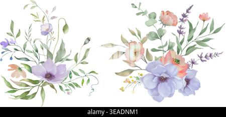Aquarellblumen mit rosafarbenen Pfingstrosen, blauen Anemonen und Eukalyptusblättern. Handgemalte botanische Arrangements auf weißem Hintergrund. Vektor-EPS. Stock Vektor