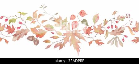 Aquarell Herbst florale nahtlose Grenze mit Ahornblättern, Eicheln, Hagebuttenbeeren und Eichenblättern. Handbemalter botanischer Header. Vektor-EPS. Stock Vektor