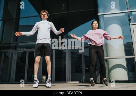 Junges Paar, das Outdoor-Fitness-Training Springübungen vor dem modernen Gebäude macht Stockfoto