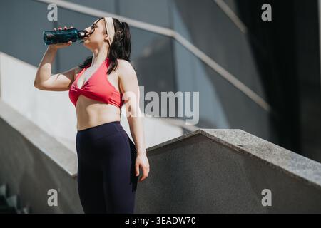 FIT-Frau trinkt Wasser nach dem Outdoor-Workout auf urbanen Schritten mit Sport-BH und Leggings Stockfoto