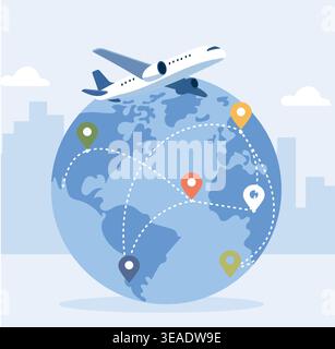 Global Delivery and Travel Illustration – Flugzeug fliegt um die Erde Stock Vektor