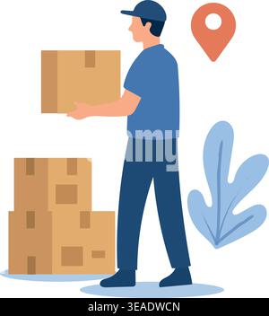 Abbildung Kurierzustellung – Mann Trägt Boxen, Versandservice-Konzept Stock Vektor