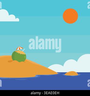 Ruhiger Strand flache Illustration Design auf hellblauem Himmel perfekt für Sommerurlaub Thema und Reise Design Materialien. Stock Vektor
