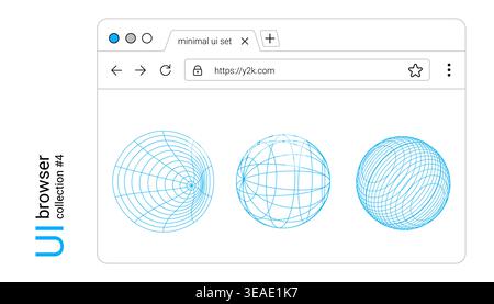 Y2K-Browserfenster mit Retro-Weboberfläche und abstrakten Globus-Drahtmodellelementen in minimalem Desktop-Layout Stock Vektor