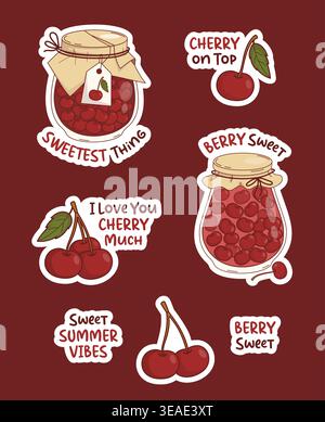 Rote Sauerkirschen und hausgemachte rustikale Glasgläser mit Marmelade-Aufkleberpaket. Isolierte Cool Cherry Labels mit süßen Zitaten. Vektorabbildung Stock Vektor