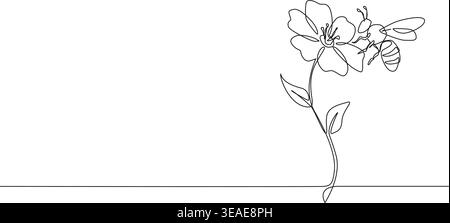 Durchgehende Linienzeichnung der Honigbiene auf Blume, Linie Art Vektor Illustration Stock Vektor