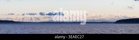 Panoramablick über die Skagit Bay bei Sonnenaufgang zu den weit entfernten, schneebedeckten Olympic Mountains Stockfoto