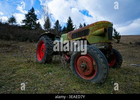 Ein alter rostiger Traktor, der auf einem grasbewachsenen Feld mit Bäumen und bewölktem Himmel im Hintergrund geparkt ist und im Freien abgenutzte Landmaschinen zeigt. Stockfoto
