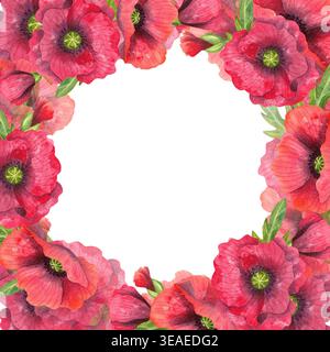 Mohnblumen mit Wasserfarben. Isolierter quadratischer Rahmen mit leuchtend roten Blumen. Handgemalte Borte aus bunten Pflanzen. Botanische Komposition für Einladungen, Auto Stockfoto