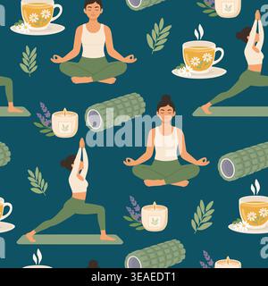 Nahtloses Muster mit Yoga-Posen Meditation Kamillentee und Kerzen Stock Vektor