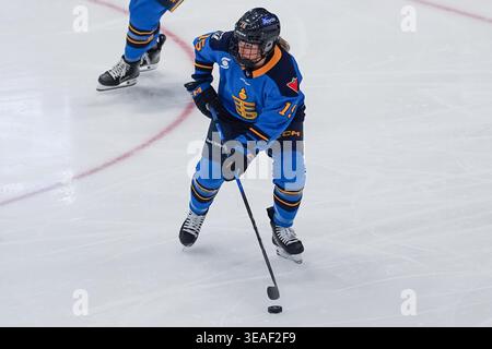 Toronto, Ontario, Kanada. April 2026. Defender Savannah Harmon #15 von Toronto Sceptres skettet mit dem Puck während des PWHL-Spiels zwischen Toronto Sceptres und New York Sirens im Coca-Cola Coliseum am 21. April 2026 in Toronto, Kanada. (Kreditbild: © Leonardo Ramirez/eyepix via ZUMA Press Wire) NUR REDAKTIONELLE VERWENDUNG! Nicht für kommerzielle ZWECKE! Stockfoto