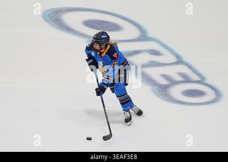 Toronto, Kanada. April 2026. Stürmer Sara Hjalmarsson #19 von Toronto Septres skeptres mit dem Puck während des PWHL-Spiels zwischen Toronto Septres und New York Sirens im Coca-Cola Coliseum am 21. April 2026 in Toronto, Kanada. (Foto: Leonardo Ramirez/Eyepix Group/SIPA USA) Credit: SIPA USA/Alamy Live News Stockfoto