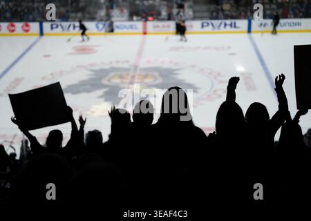 Toronto, Kanada. April 2026. Fans von Toronto bejubelten ihr Team während des PWHL-Spiels zwischen Toronto Sceptres und New York Sirens im Coca-Cola Coliseum am 21. April 2026 in Toronto. (Foto: Leonardo Ramirez/Eyepix Group/SIPA USA) Credit: SIPA USA/Alamy Live News Stockfoto