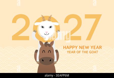 Niedliche Zeichentrick-Sternzeichen Pferd und Ziege 2027 Karte. Year of the Goat 2027-Karte im Cartoon-Stil. Stock Vektor