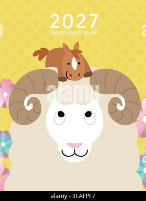 Zodiac Schaf oder Widder mit Zodiac Pferd Vektor Illustration. Jahr der Schafe 2027 niedliche vertikale Grußkarte oder Postervorlage. Stock Vektor