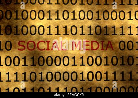 Social-Media-Konzept im Binärcode auf Vintage-Hintergrund hervorgehoben Stockfoto