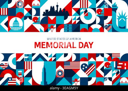 US Memorial Day Banner mit geometrischem Muster. Vektor-Retro-moderner abstrakter Fliesenhintergrund mit US-amerikanischen Wahrzeichen. Patriotische Flagge, amerikanische Symbole, Adler, Freiheitsstatue, Kapitol Stock Vektor