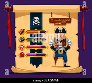 Spielfenster mit den Charakteroptionen der Piratencrew. Cartoon ein beiniger Seemannsmann der Piratenschiff-Crew mit Holzbein und schwarzem Hut Vektor-Spiel UI Option Menü Fenster Bildschirm an alten Pergamentpapier-Scroll Stock Vektor