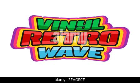 Vinyl Retro Music Wave Y2K funky Aufkleber oder Tag. Retro Music Konzert Y2K Patch, Radio Audio Sound groovige Vektor Tag. Musical Art Vinyl Album funky Label oder Aufkleber mit farbenfroher Retro Typografie Stock Vektor