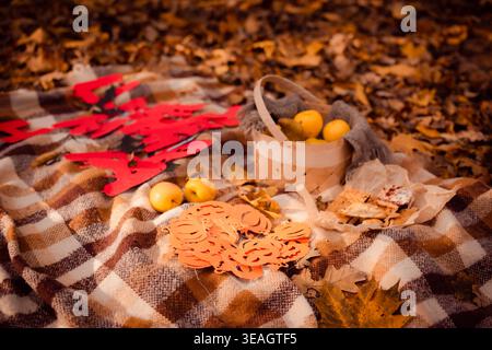 Papiergirlanden in Form von Kürbissen und Buchstaben Halloween liegen auf karierter Decke auf gefallenen Blättern Stockfoto