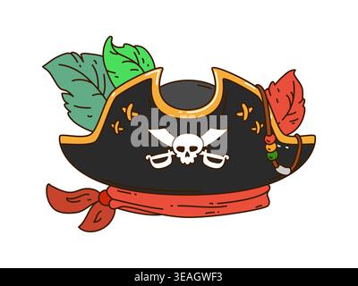 Tricorhut mit grüner und roter Feder und Bandana. Grooviger schwarzer Korsaarhut mit Schädel und Knochen, goldenem Besatz, Federn und Perlen. Cartoon-Vektor-Kopfbedeckung für Skipper Stock Vektor