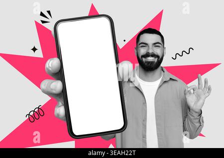 Mann hält Smartphone mit leerem Bildschirm in Collage Art Hintergrund Stockfoto