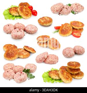 Fleischpasteten isoliert auf weiß, Set. Ungekocht und geröstet Stockfoto