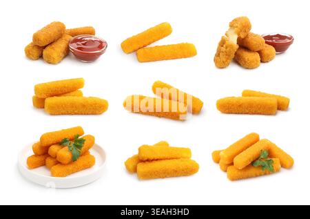 Köstliche gebratene Käsestäbchen isoliert auf weiß, Set Stockfoto