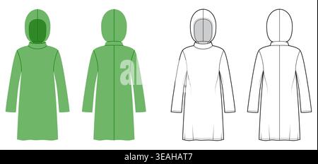 Langarmkleid mit Kapuze entspannte Silhouette, klare Konstruktionslinien minimaler Formgebung, weiche Struktur legere Proportionen. Technische Modesillustration in Schwarzweiß, Vorderansicht hinten, CAD-Vorlage. Vektorabbildung Stock Vektor