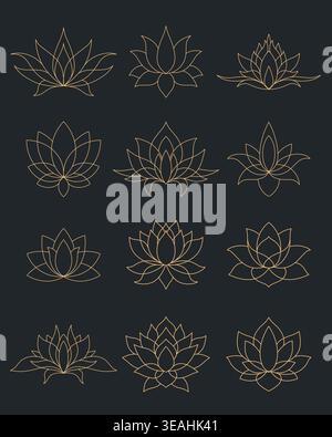 Set mit eleganten Lotusblüten-Kunstdesigns in Goldfarbe auf dunklem Hintergrund. Minimalistische Blumensymbole inspiriert von Yoga-Meditation und spirituellem Balanc Stock Vektor