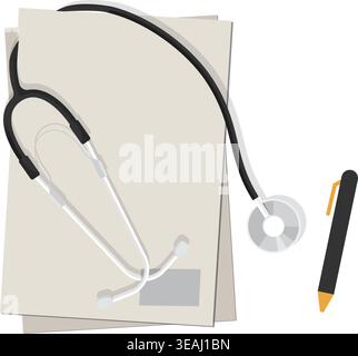 Eine saubere Vektor-Illustration mit einer medizinischen Akte, einem professionellen Stethoskop und einem Stift auf weißem Hintergrund. Stock Vektor