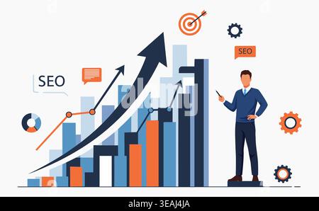 Ein Geschäftsmann präsentiert eine SEO-Strategie für Erfolg im digitalen Marketing und Unternehmenswachstum. Dargestellt mit einem nach oben gerichteten Balkendiagramm, „SEO“-Etiketten Stock Vektor