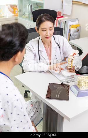 Ein Arzt sitzt an einem Schreibtisch und zeigt auf ein 3D-Modell einer Wirbelsäule mit einem Patienten, der ihr gegenüber sitzt. Stockfoto