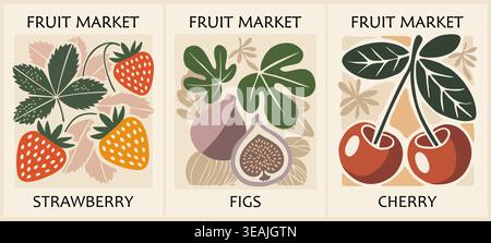 Obstmarkt-Poster mit Feigen, Erdbeere, Kirsche Stock Vektor