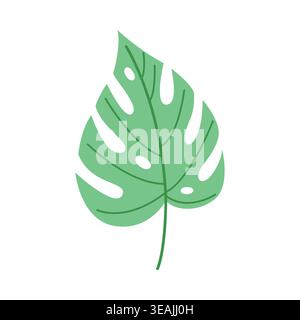 Einzelnes grünes Monstera-Blatt isoliert auf weißem Hintergrund, minimalistisches tropisches botanisches Laubelement für Logo-Design und organisches Branding Stock Vektor