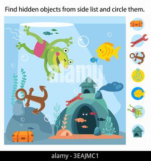 Finde versteckte Objekte aus der Side List und kreiere sie im Unterwasser-Weltspiel. Niedlicher Froschtaucher erkundet den tiefen Ozean mit gelbem Fischanker und Schatz Stock Vektor