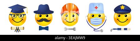 Set aus niedlichen 3D-Emoticons mit professionellen Elementen Stock Vektor